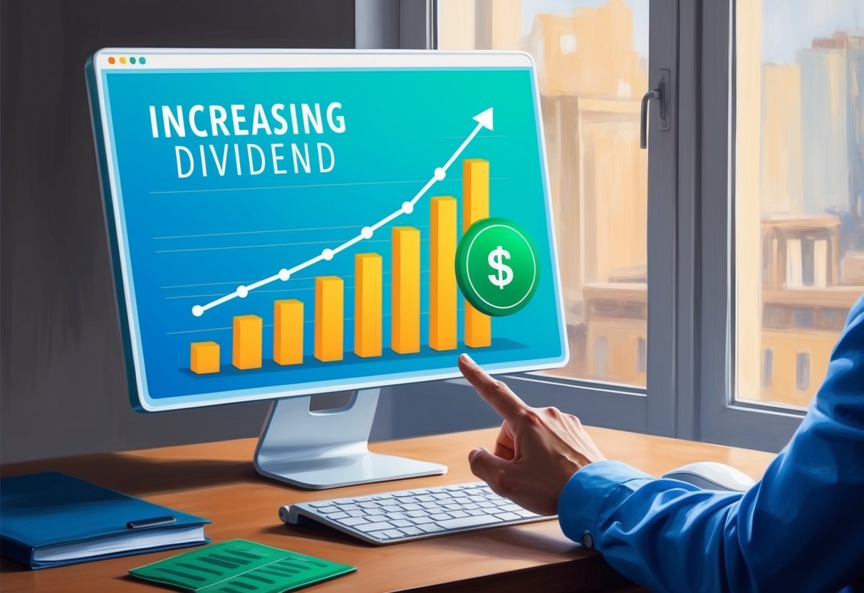 A computer screen displaying a graph of increasing dividends, with a hand clicking on a button to automate the reinvestment plan