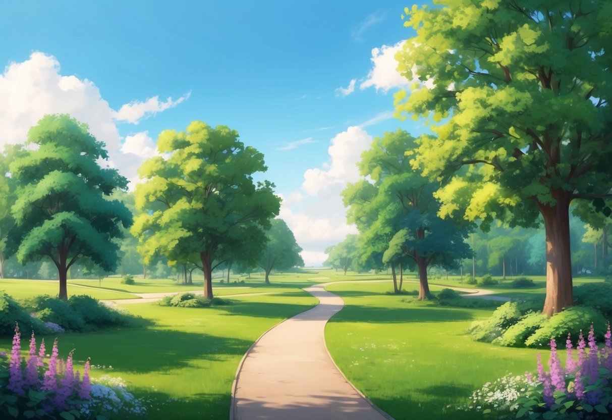 A serene park with a winding path leading to a distant horizon, surrounded by lush greenery and vibrant flowers, with a clear blue sky overhead