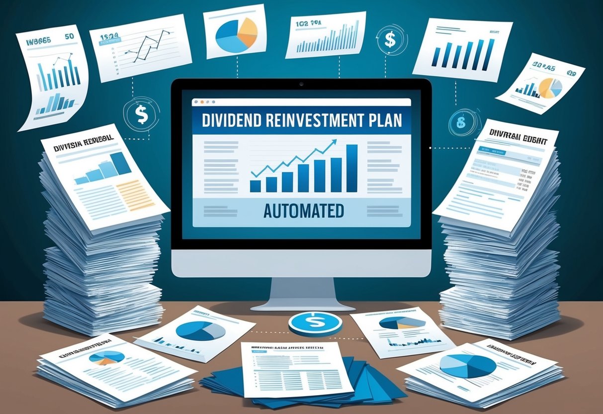 A stack of financial documents and charts surrounding a computer screen with a dividend reinvestment plan being automated