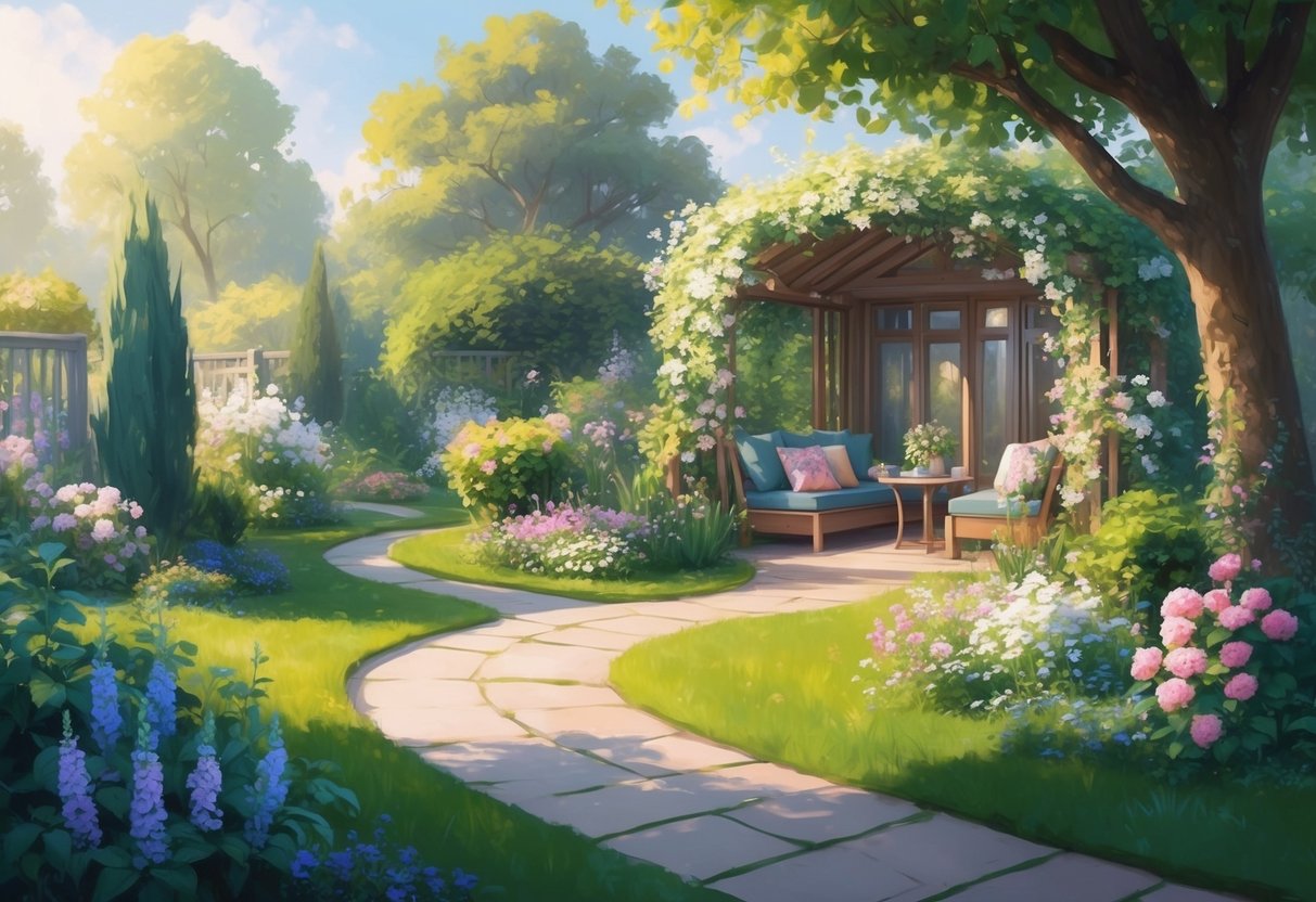 A serene garden with a winding path leading to a cozy outdoor sitting area surrounded by blooming flowers and lush greenery