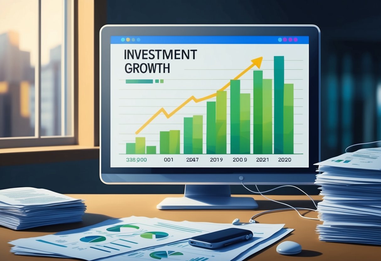 A computer screen displaying a graph of investment growth, with a hand-free device connected, and a stack of financial documents nearby