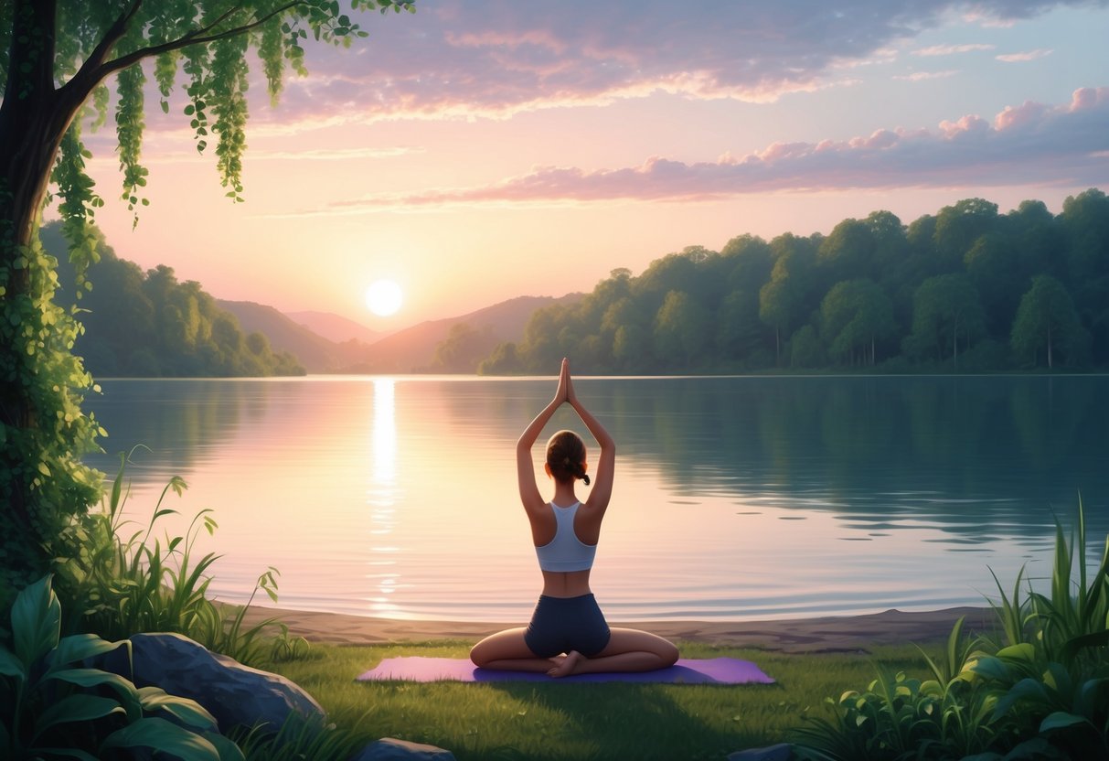 A serene sunrise over a calm lake, with a figure practicing yoga on the shore, surrounded by lush greenery and a sense of tranquility