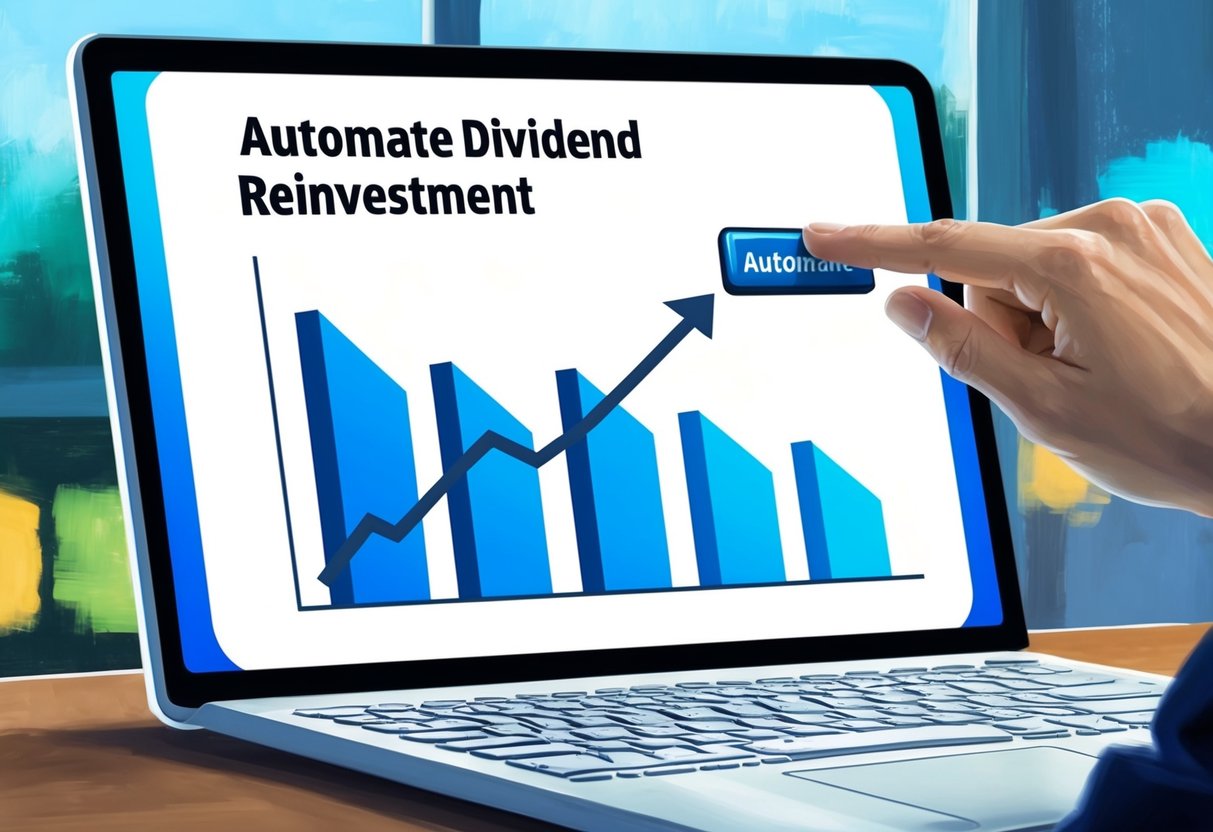 A computer screen displaying a graph of steadily increasing dividends, with a hand hovering over a button labeled "Automate Dividend Reinvestment."