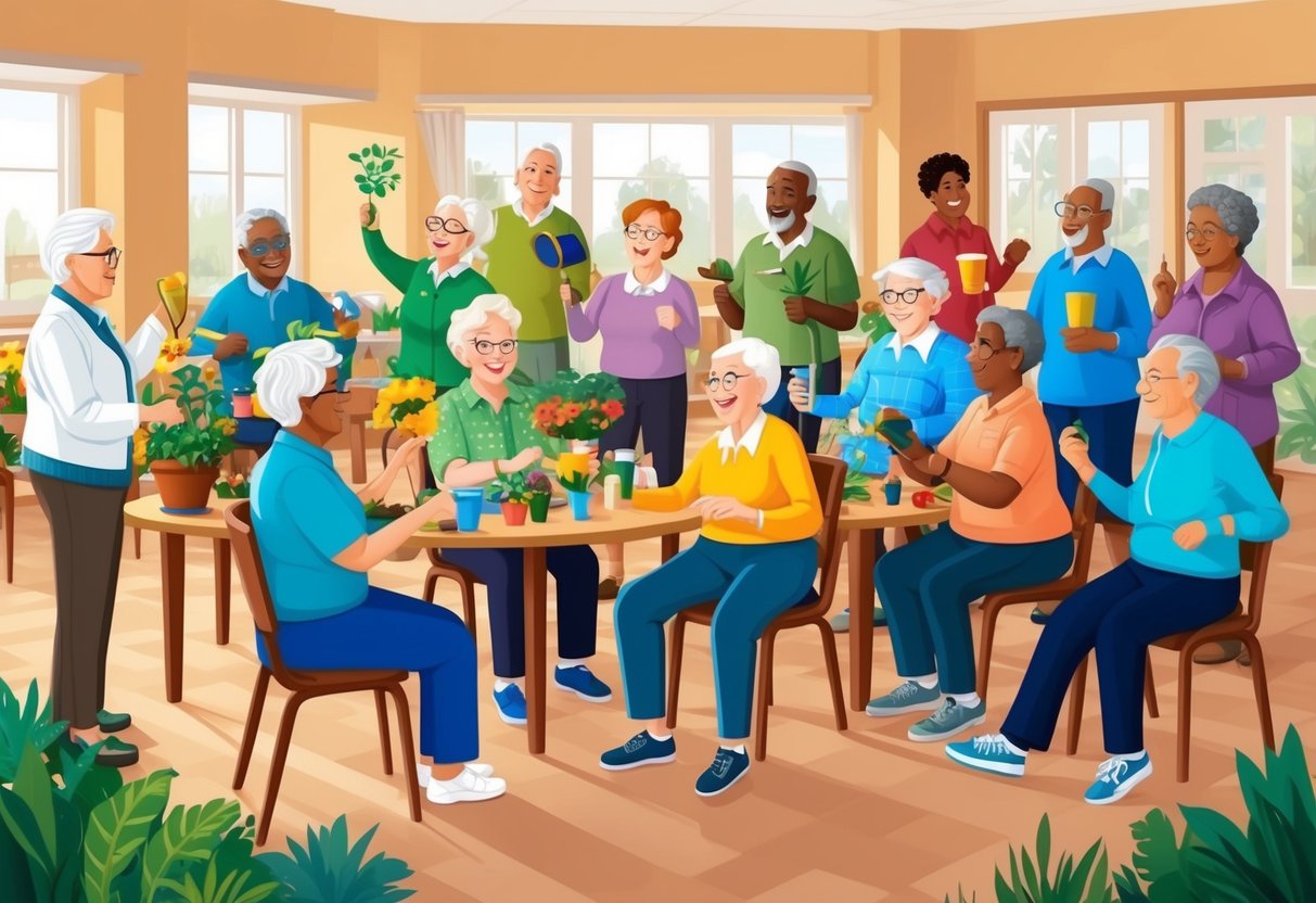 A group of diverse retirees engage in activities like gardening, painting, and exercising together in a community center with a warm and welcoming atmosphere