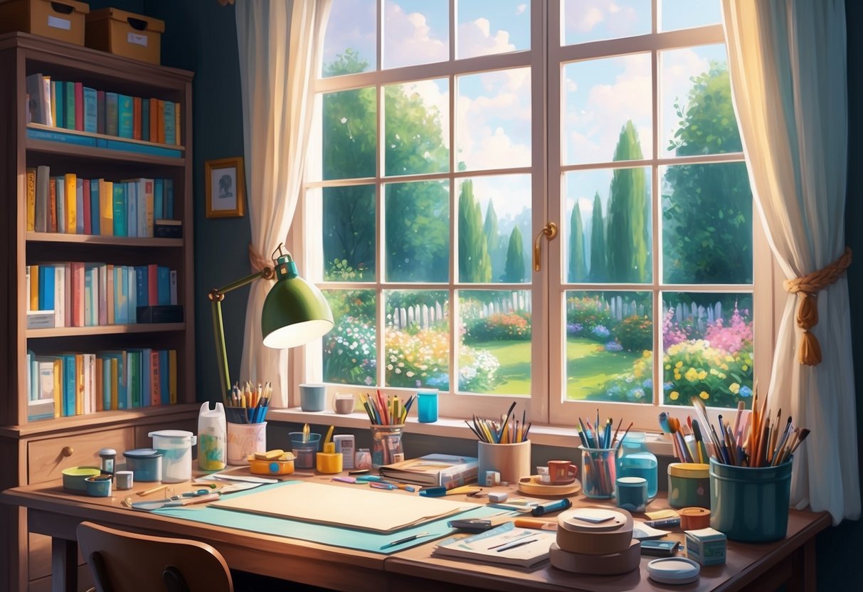 A cozy room with a desk covered in art supplies, a bookshelf filled with hobby books, and a window overlooking a peaceful garden