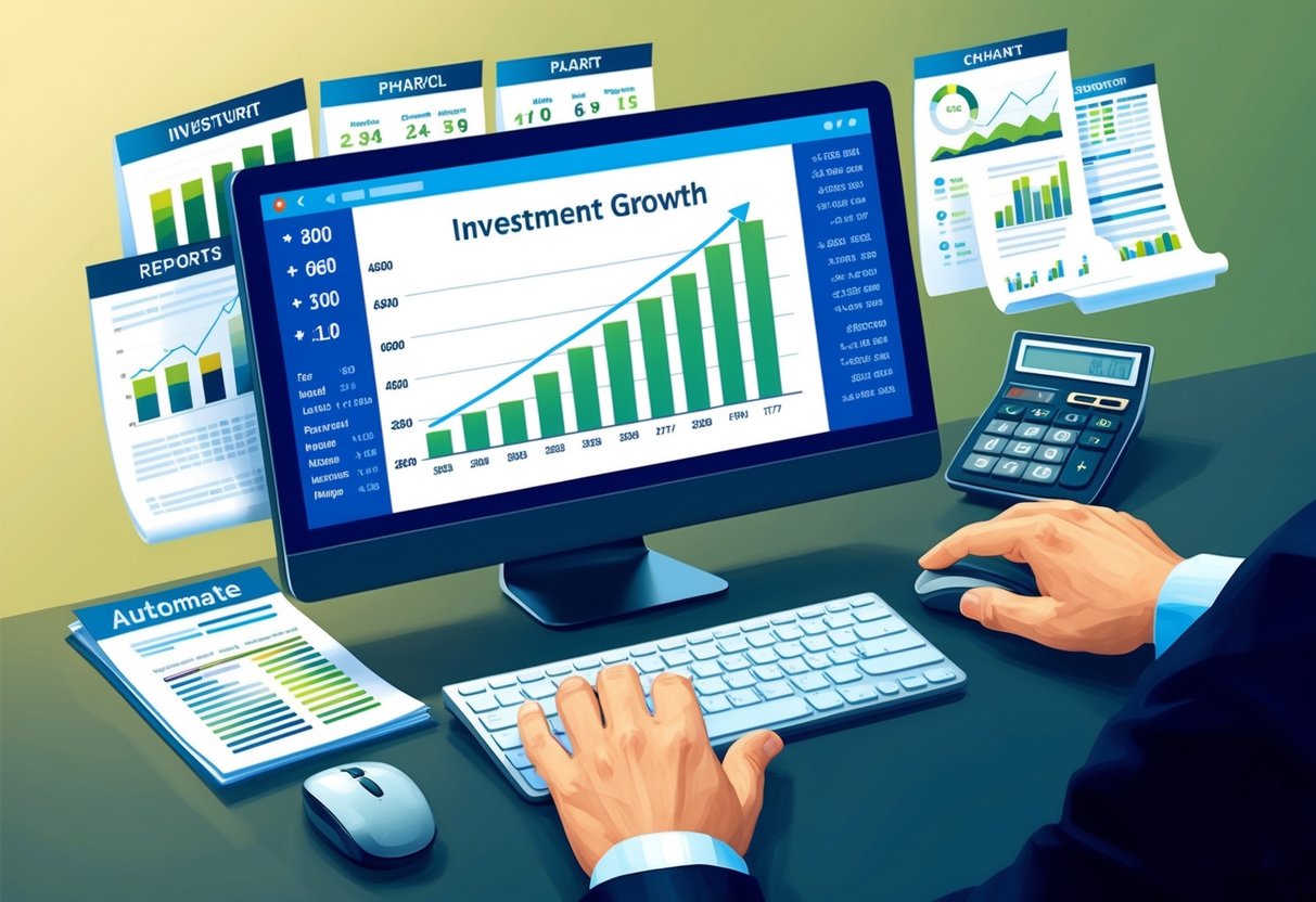 A computer screen displaying a chart of investment growth, surrounded by financial reports and a calculator. A hand reaches for a mouse to click on the "Automate" button