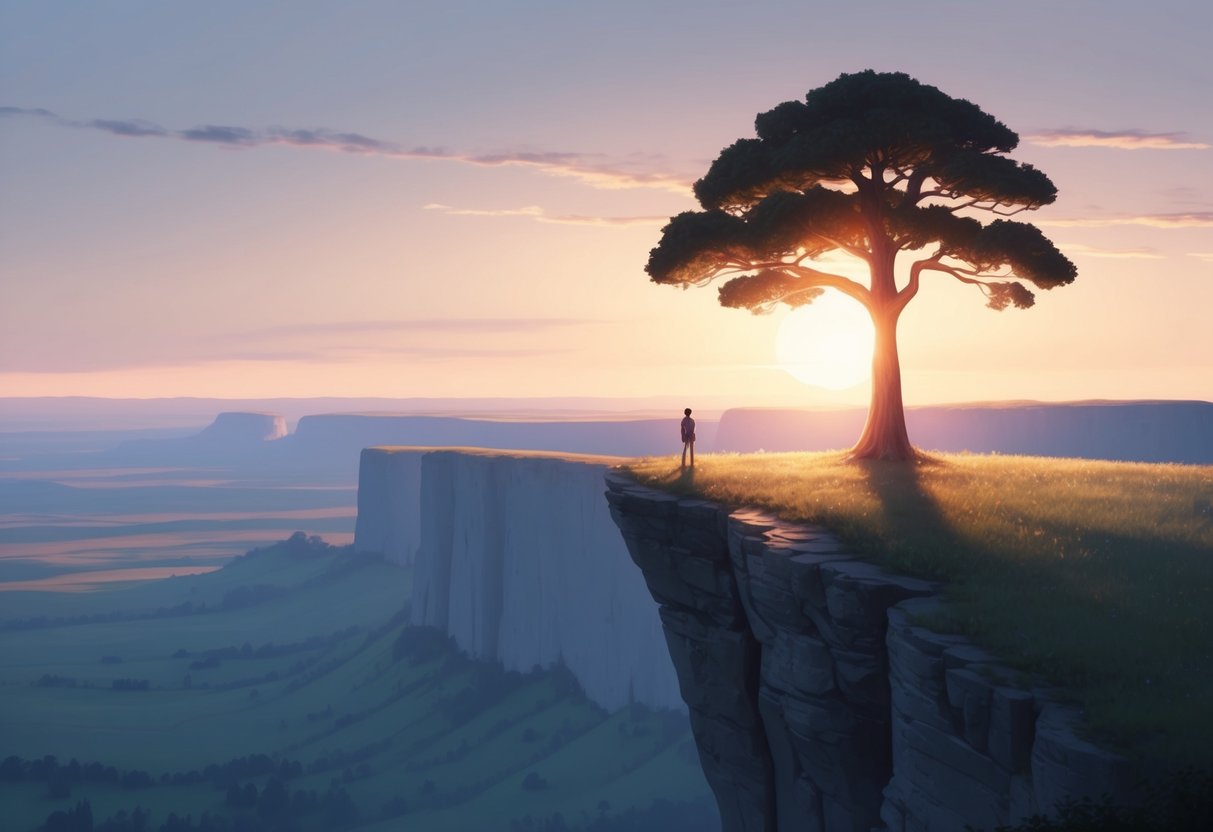 A lone tree stands tall on a cliff overlooking a vast, open landscape. The sun is setting, casting a warm glow over the scene, symbolizing hope and personal growth