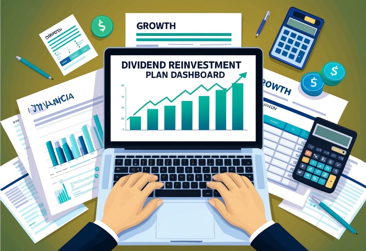 A laptop displaying a dividend reinvestment plan dashboard, with a graph showing growth, surrounded by financial documents and a calculator