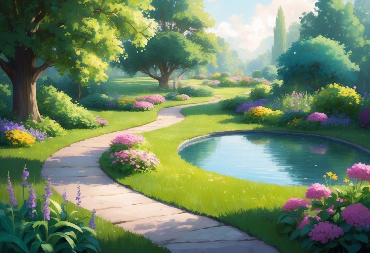 A serene garden with a winding path leading to a peaceful pond, surrounded by vibrant flowers and lush greenery. A sense of tranquility and balance emanates from the scene