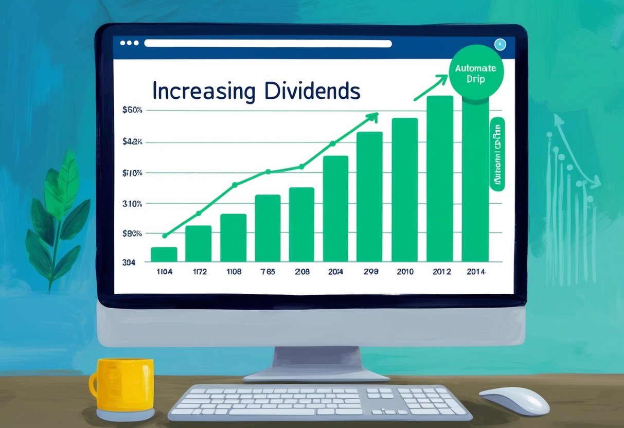 A computer screen displaying a graph of increasing dividends, with a line graph showing growth and a button labeled "Automate DRIP" highlighted