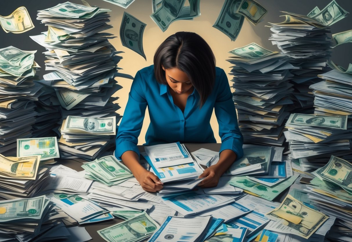 A person surrounded by tangled financial documents, but calmly organizing and prioritizing them to reduce stress