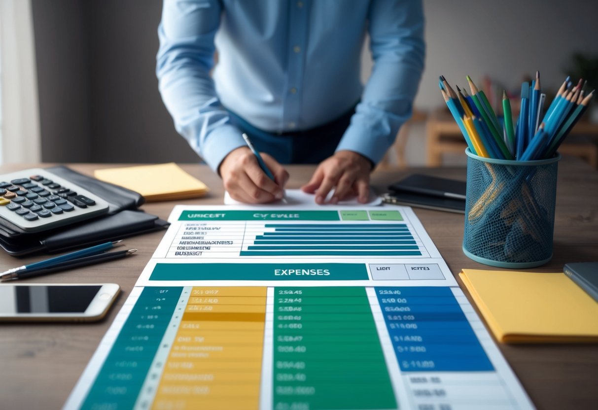 A person organizing and categorizing expenses into a budgeting system, with a sense of control and organization in their surroundings