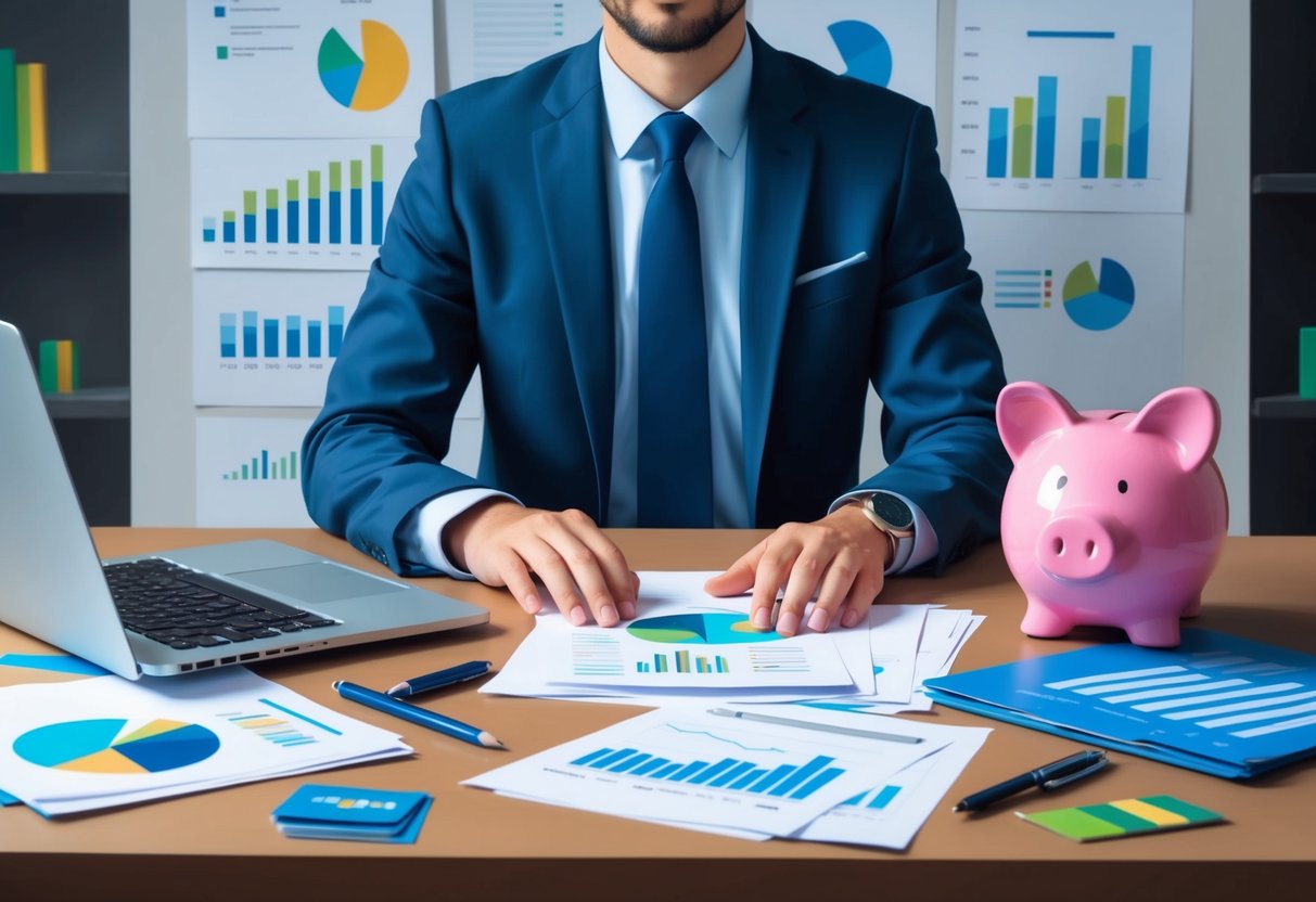 A person sits at a desk with a laptop and financial documents. They are surrounded by charts, graphs, and a piggy bank, showing a focus on long-term financial planning