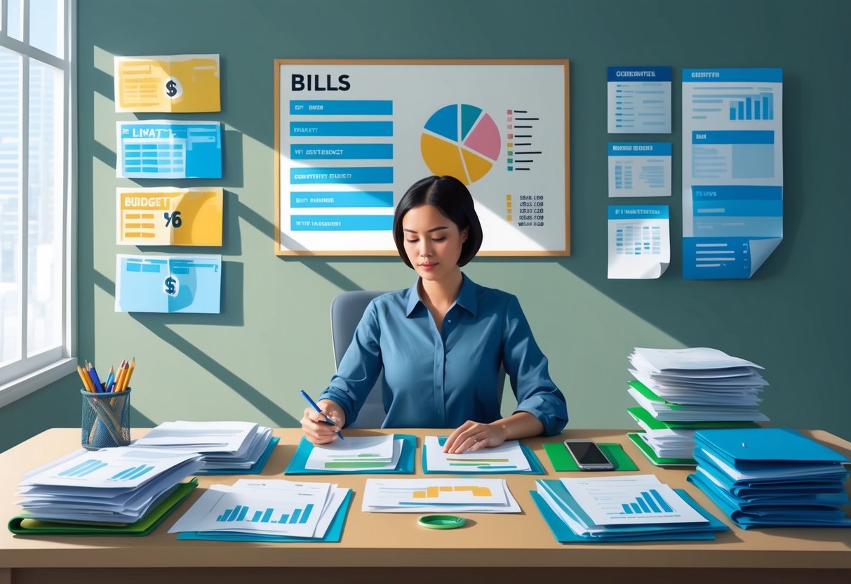 A person sitting at a desk, organizing and prioritizing bills and financial documents, with a clear plan and budget visible on the wall