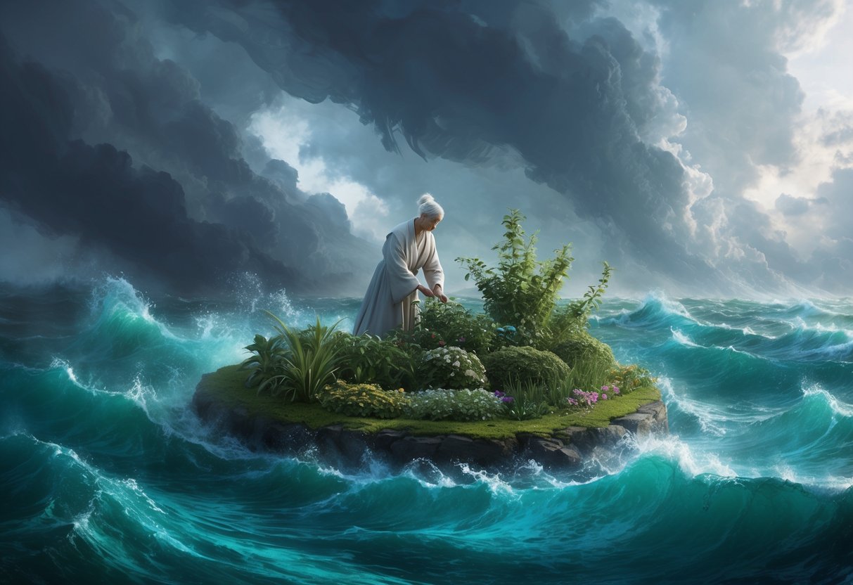 A serene figure surrounded by swirling chaos, calmly tending to a flourishing garden amidst a stormy sea