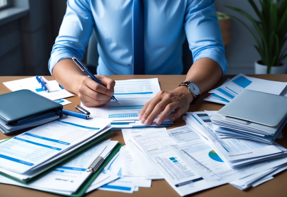 A person sitting at a desk, surrounded by bills and financial documents. They are holding a pen and focusing on creating a budget or financial plan