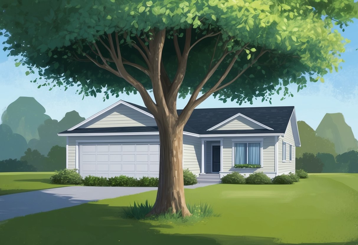 A house with a growing tree in the front yard, while a smaller house is being built behind it