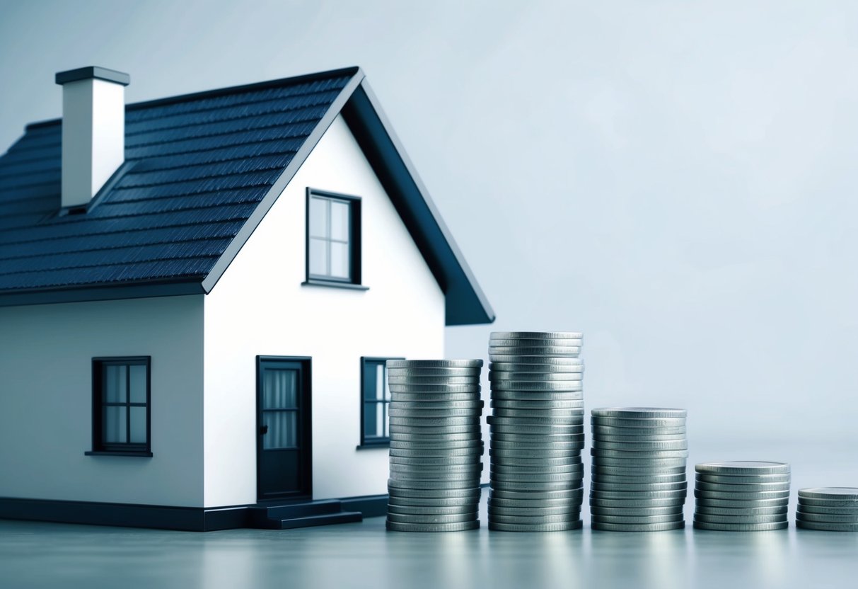 A house with a growing stack of coins next to it, symbolizing the concept of leveraging equity in real estate to fund additional investments
