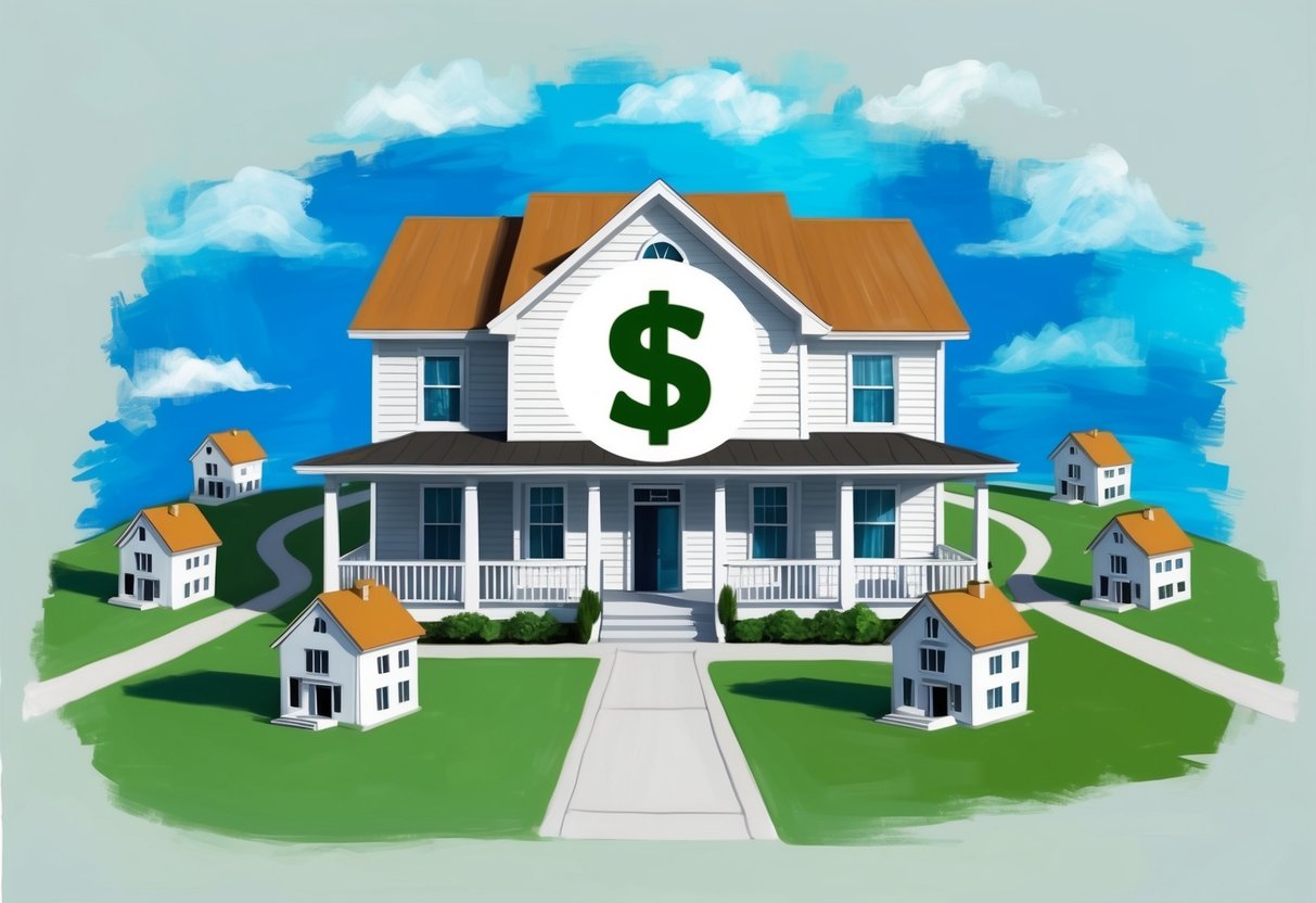 A house with a dollar sign superimposed on it, surrounded by smaller houses representing additional investments