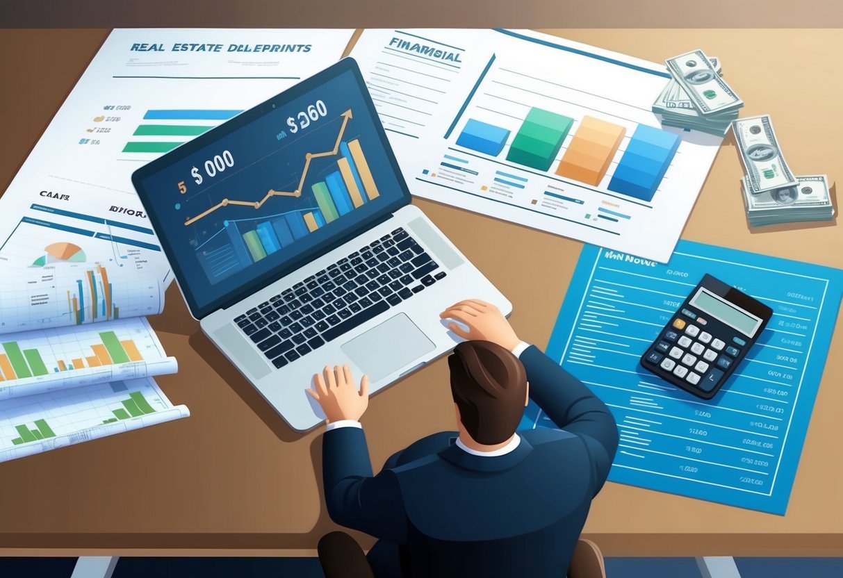 A modern office desk with a laptop, financial charts, and real estate blueprints. A stack of money and a calculator sit nearby