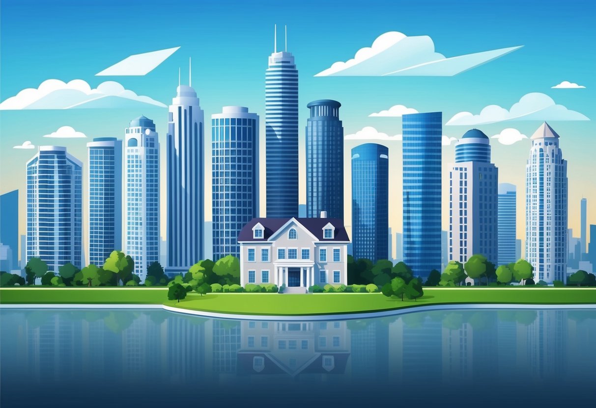 A modern city skyline with multiple high-rise buildings, representing a diverse real estate portfolio. A large, elegant house symbolizes leveraging equity for additional investments
