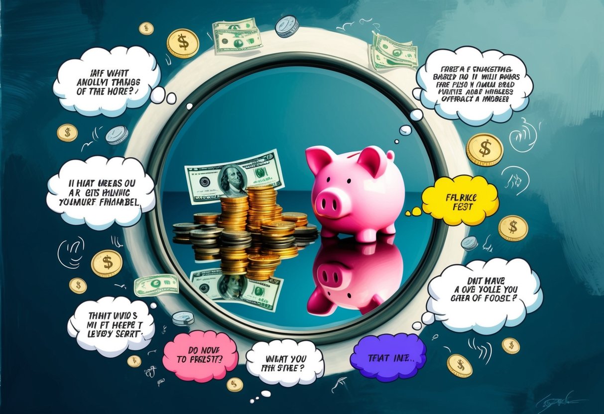 A mirror reflecting a pile of coins, a piggy bank, and a dollar bill, surrounded by thought bubbles filled with various financial decisions and emotions