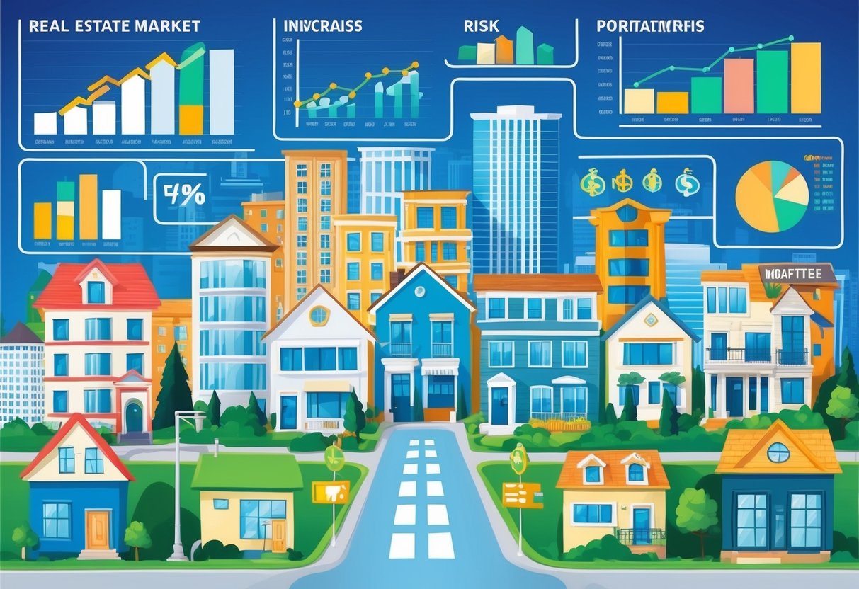 A bustling real estate market with various properties and investment opportunities. Financial charts and graphs showing risk management strategies