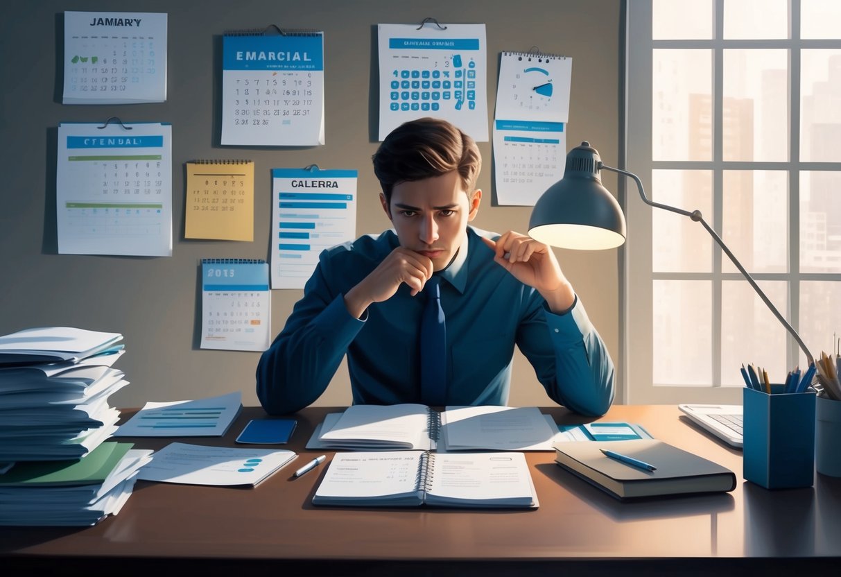 A person sitting at a desk surrounded by financial documents, a calendar, and a notebook, deep in thought and self-reflection