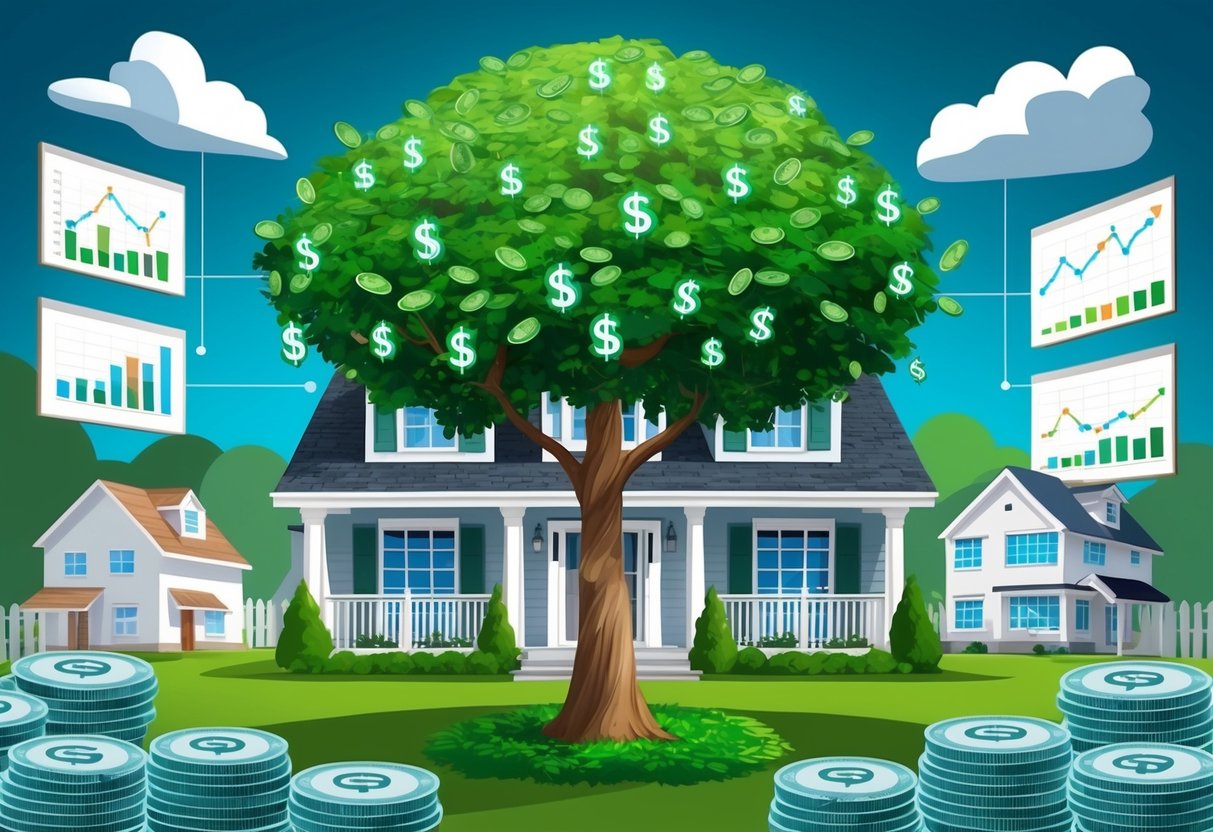 A house with a growing money tree in the backyard, surrounded by other investment properties and financial charts