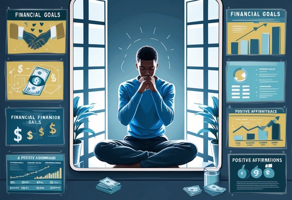 A person sitting in front of a mirror, deep in thought, surrounded by images of financial goals and positive affirmations