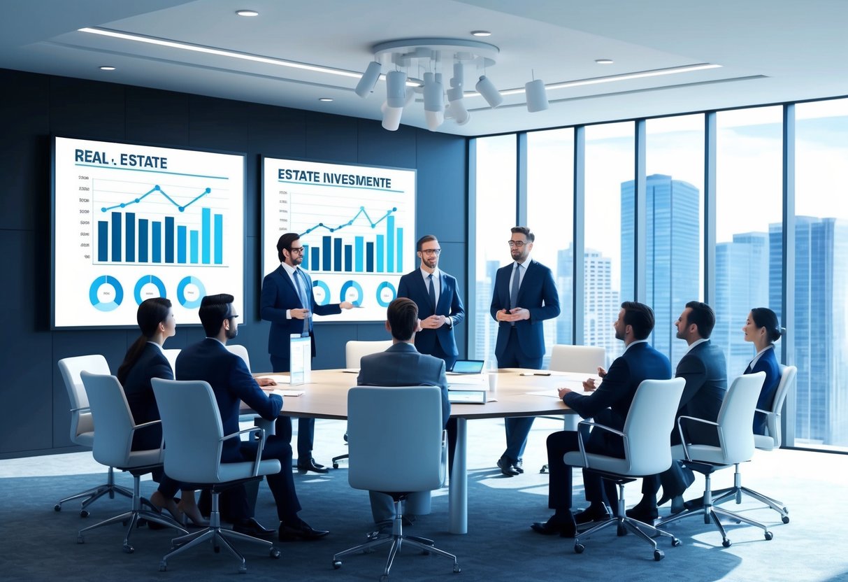 A group of professionals discussing real estate investments in a modern office boardroom with charts and graphs displayed on a large screen