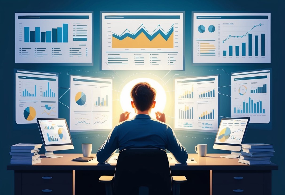 A person sitting at a desk surrounded by financial charts and graphs, deep in thought and self-reflection