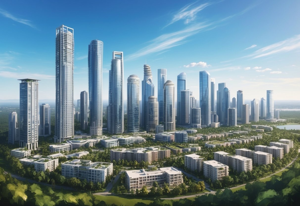 A large, modern city skyline with various high-rise buildings and residential properties, surrounded by greenery and clear blue skies