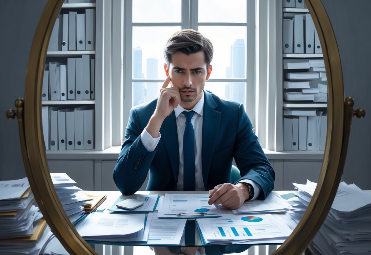 A person sitting at a desk surrounded by financial documents, deep in thought, with a mirror reflecting their contemplative expression
