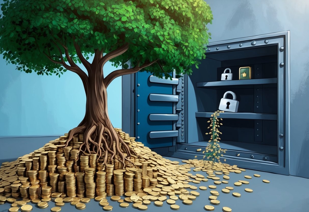A tree growing from a pile of coins, with roots spreading into a bank vault, symbolizing financial growth and security through self-reflection