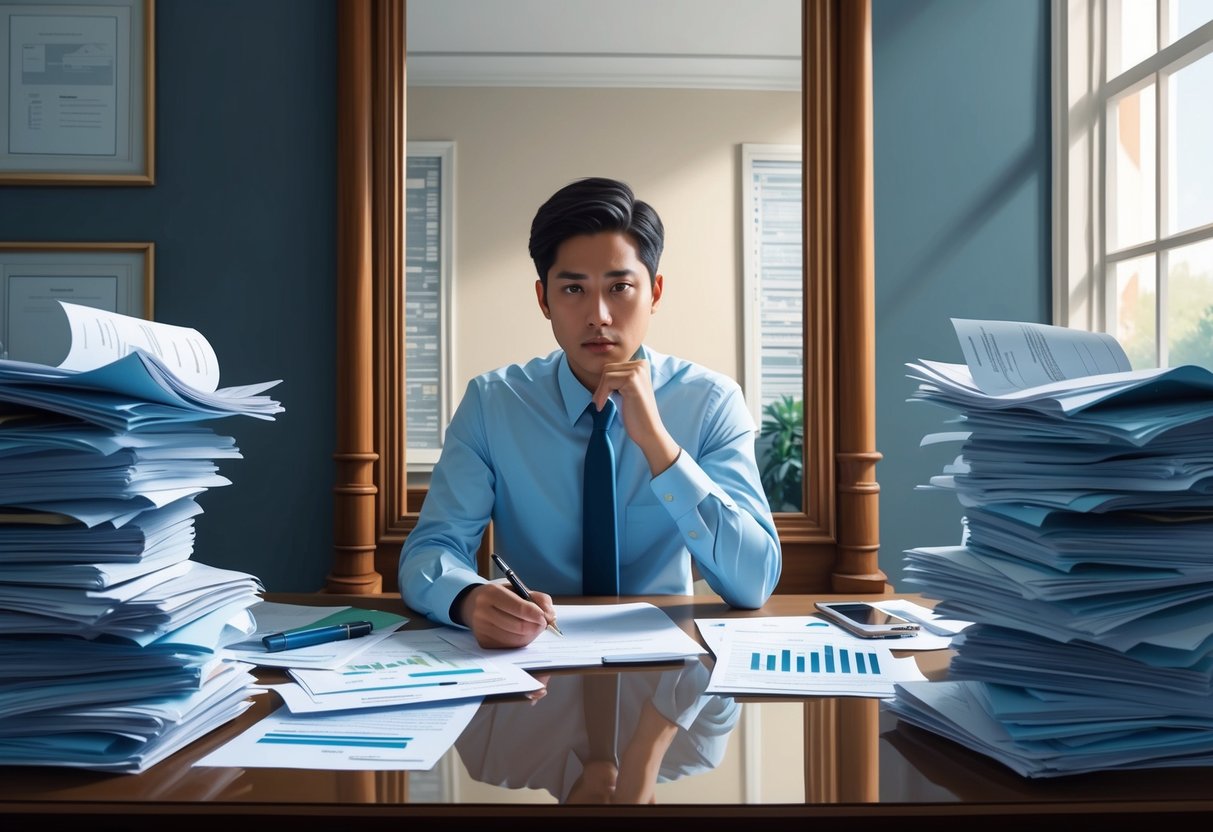 A person sitting at a desk surrounded by financial documents, with a mirror reflecting their thoughtful expression
