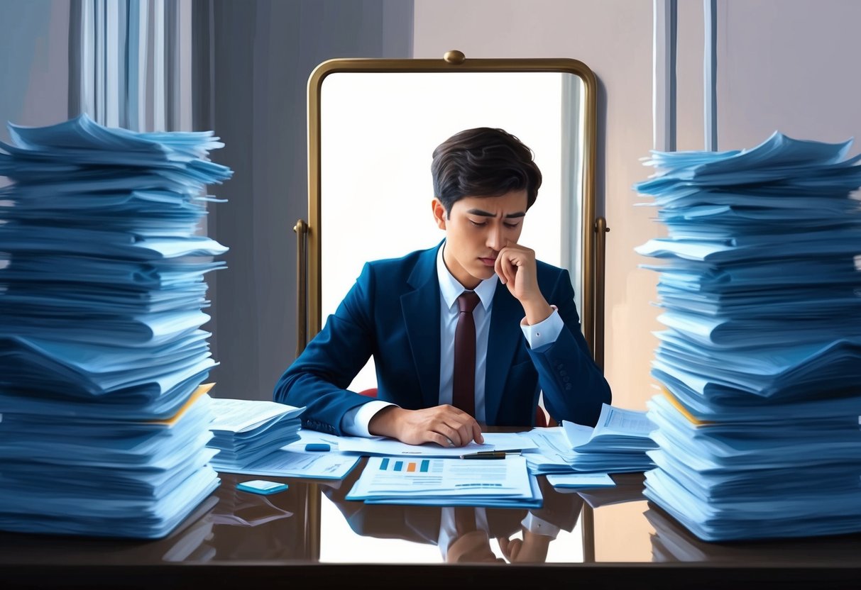 A person sitting at a desk surrounded by financial documents, deep in thought, with a mirror reflecting their contemplative expression