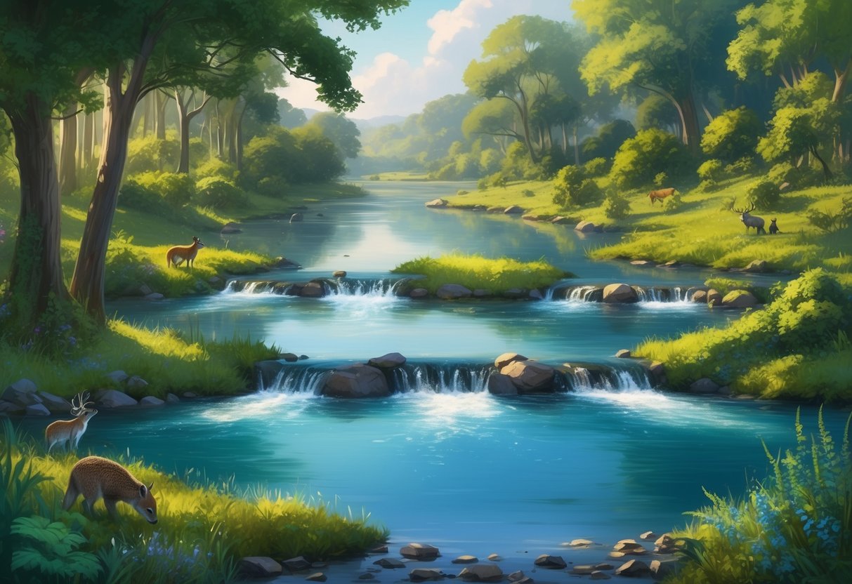 A serene landscape with multiple streams flowing into a calm river, surrounded by lush greenery and vibrant wildlife