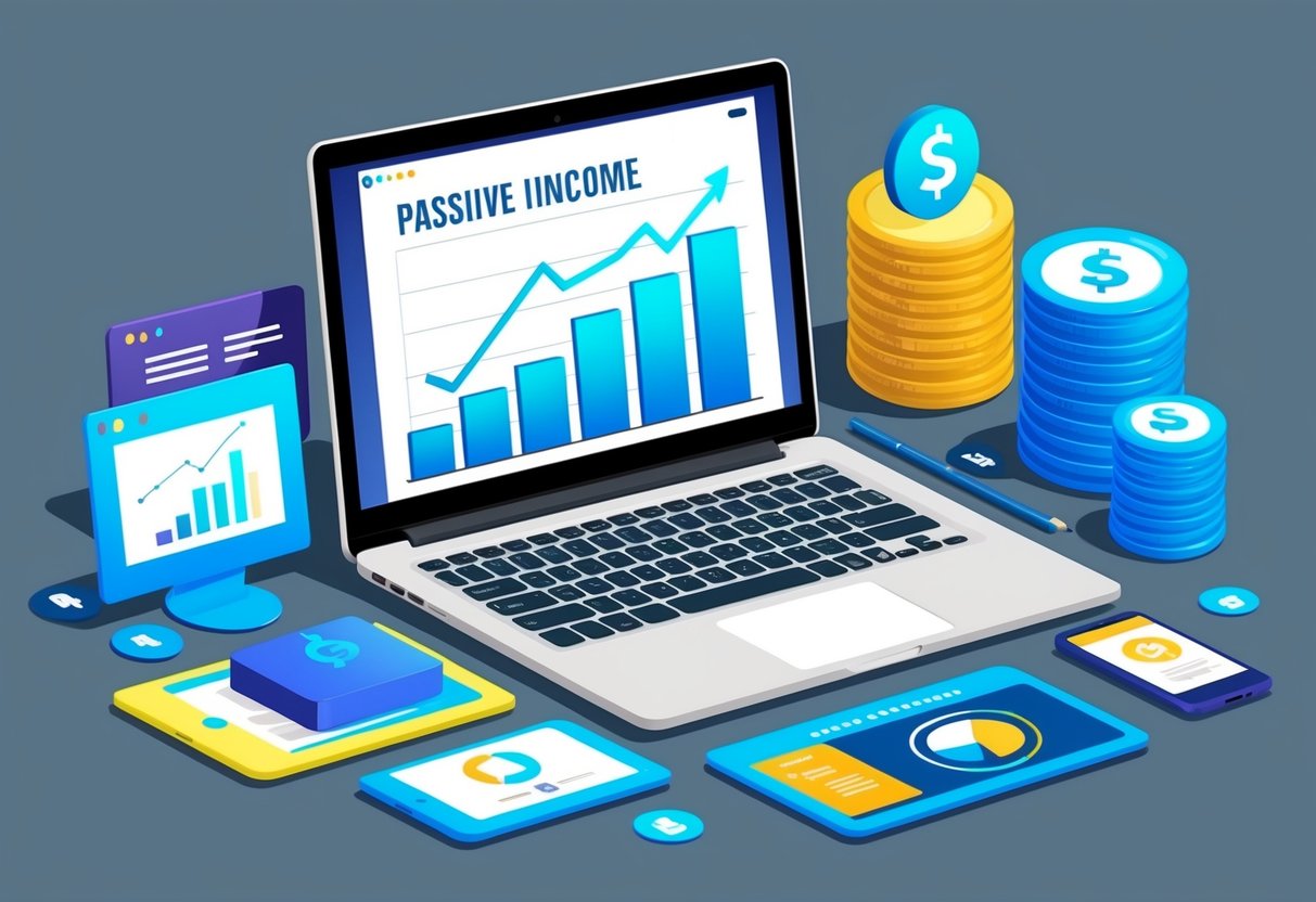 A laptop surrounded by different digital products, with a graph showing increasing passive income in the background