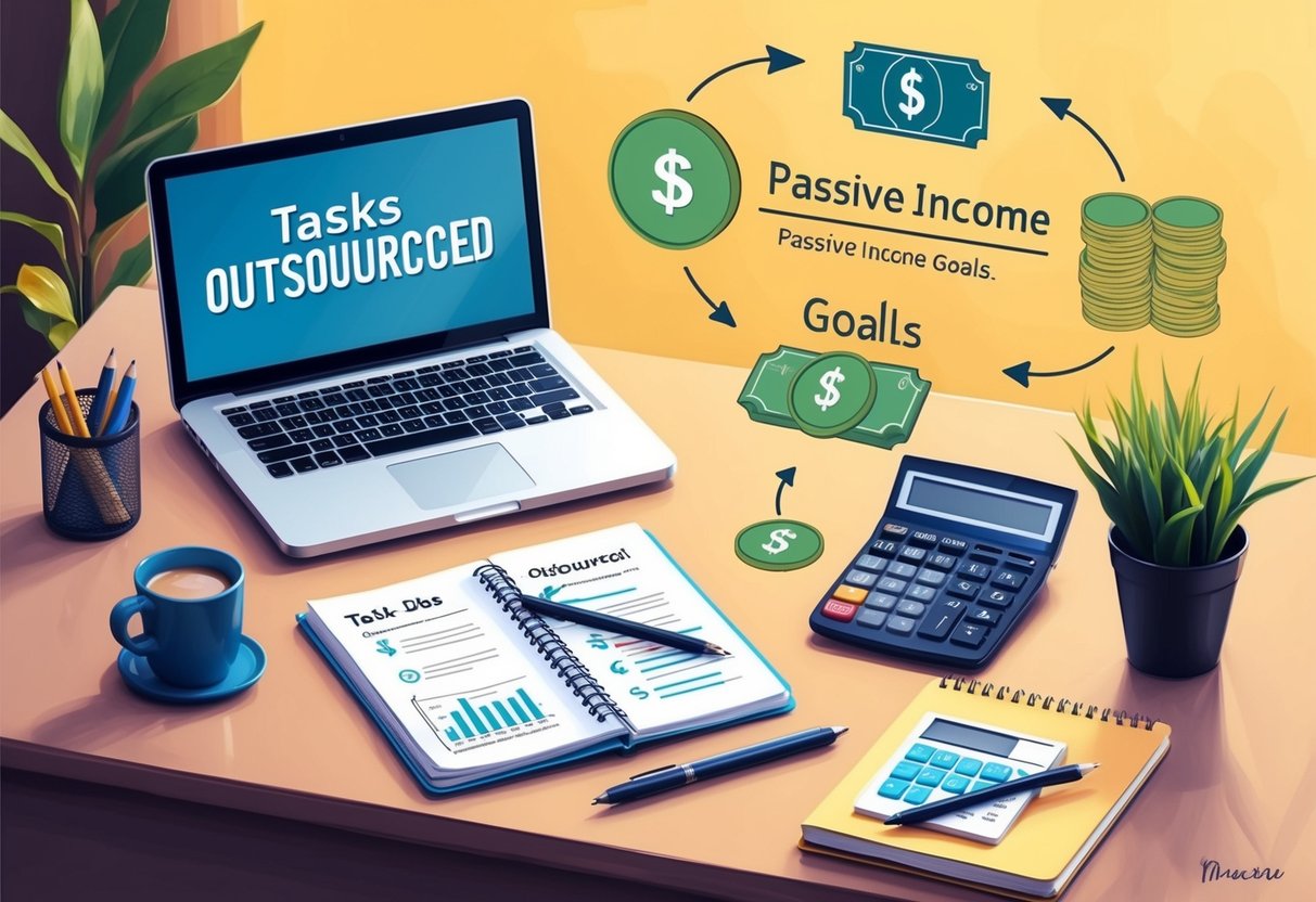 A desk with a laptop, calculator, and notebook. A flowchart showing tasks being outsourced. Money symbols and arrows representing passive income goals