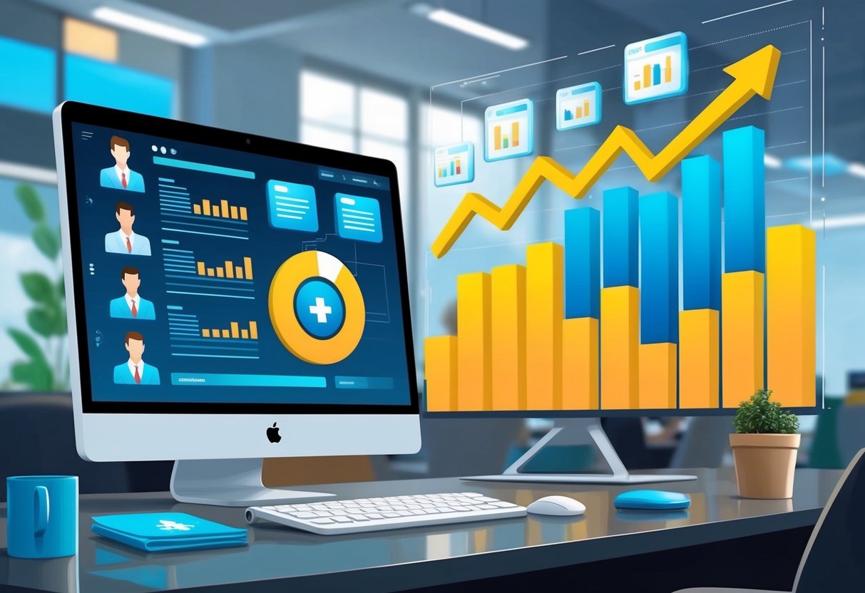 A computer screen displaying a digital product being accessed and purchased by multiple customers, with a graph showing increasing sales and revenue over time