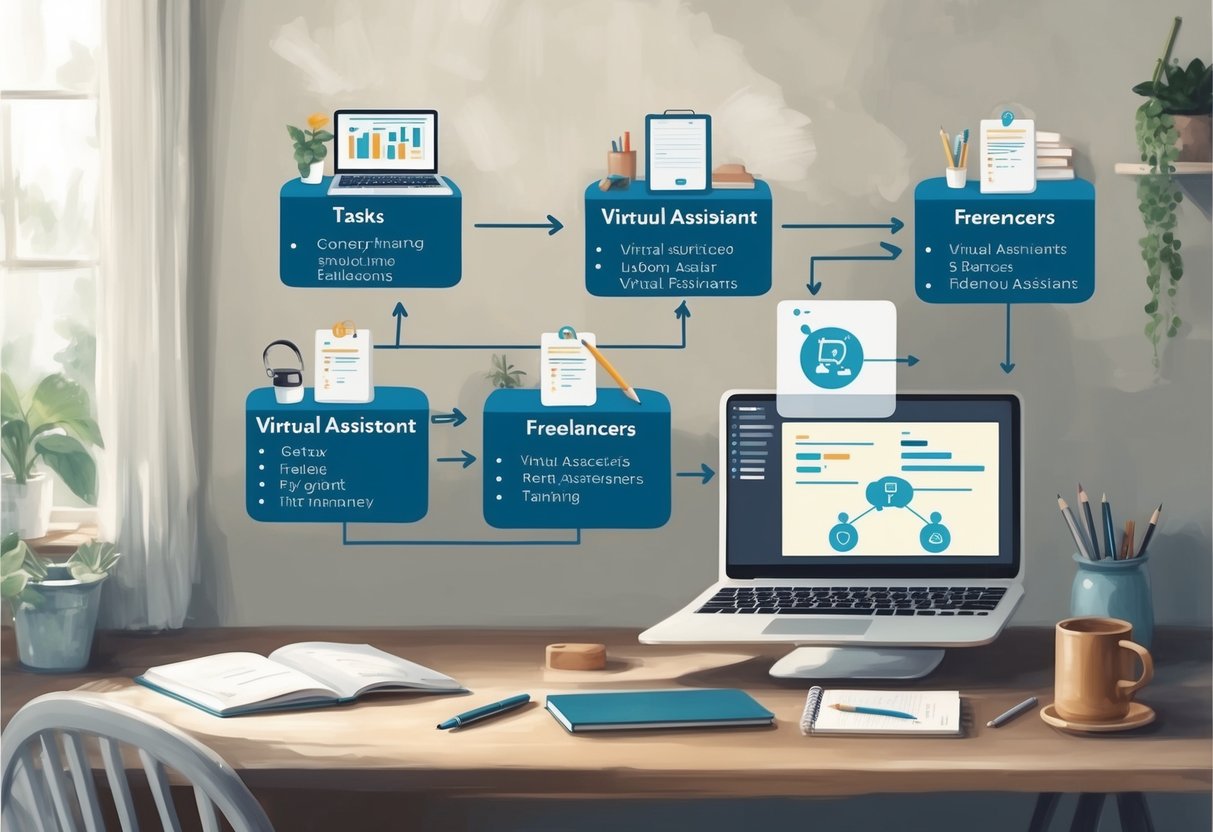 A cozy home office with a laptop, notebook, and pen on a desk. A flowchart or diagram showing tasks being outsourced to various virtual assistants or freelancers