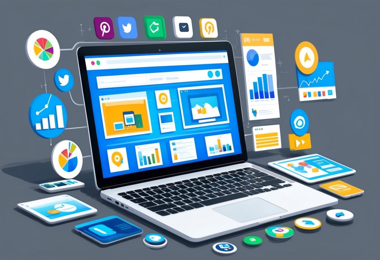 A laptop with a variety of digital products displayed on the screen, surrounded by social media icons and website analytics charts