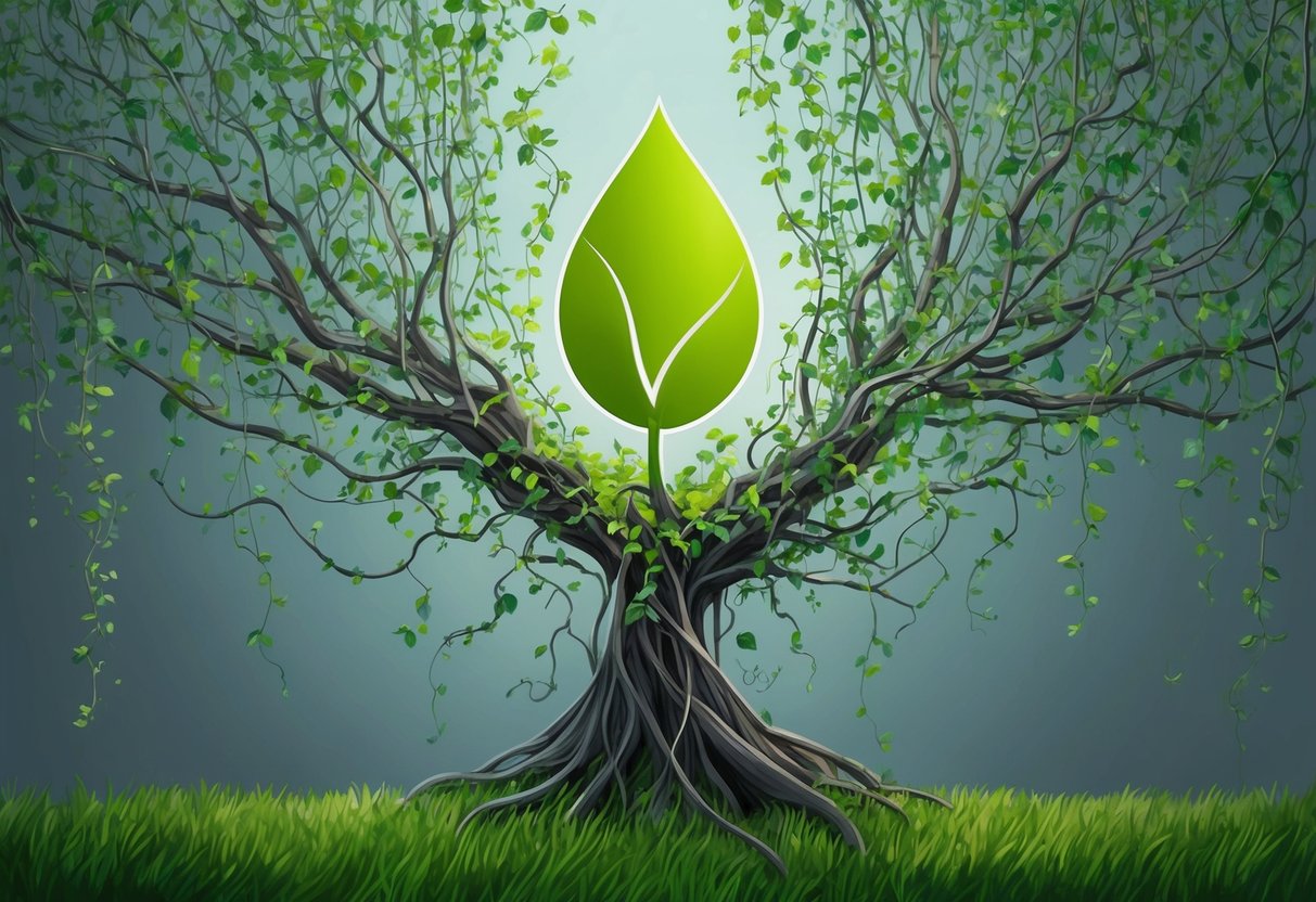 A digital product expanding into multiple streams, symbolized by a single seed growing into a lush, interconnected network of vines and branches