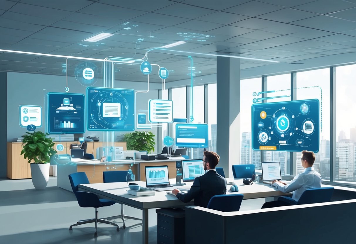 A modern office with a mix of technology and traditional business elements, showcasing a seamless flow of tasks being outsourced and automated