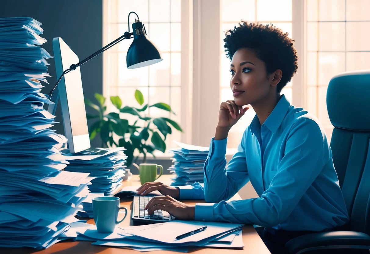 A person sitting at a desk, surrounded by piles of paperwork and a computer, with a thoughtful expression as they consider outsourcing tasks