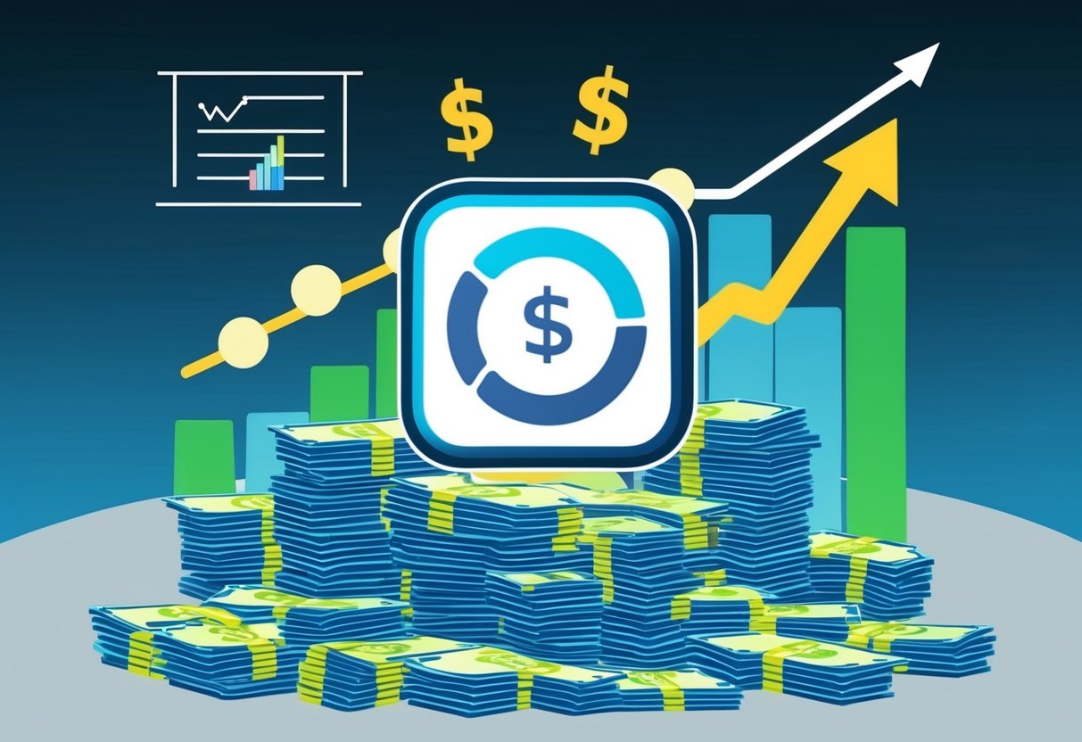 A digital product icon surrounded by growing stacks of money, with a graph showing increasing sales and conversion rates in the background