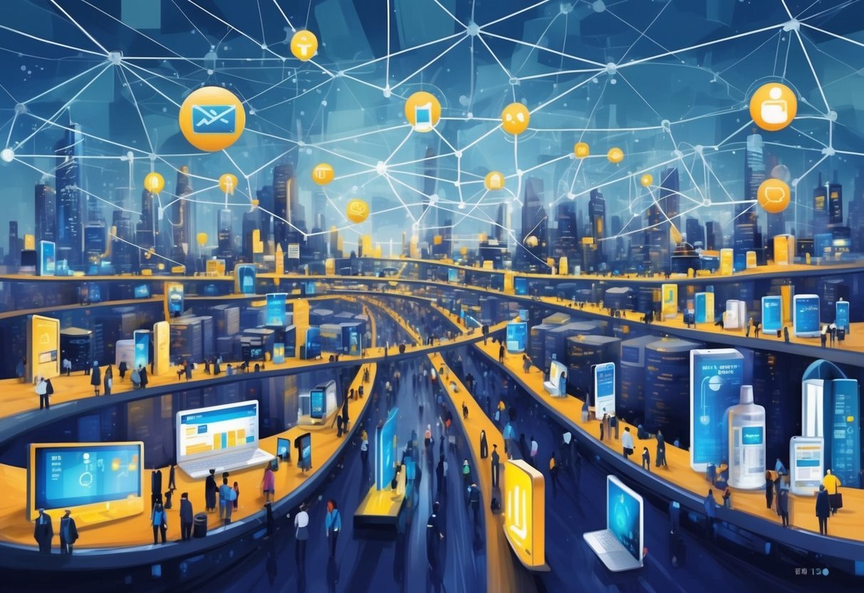 A bustling digital marketplace with products flowing into a network of connected communities, each one growing and expanding like a web