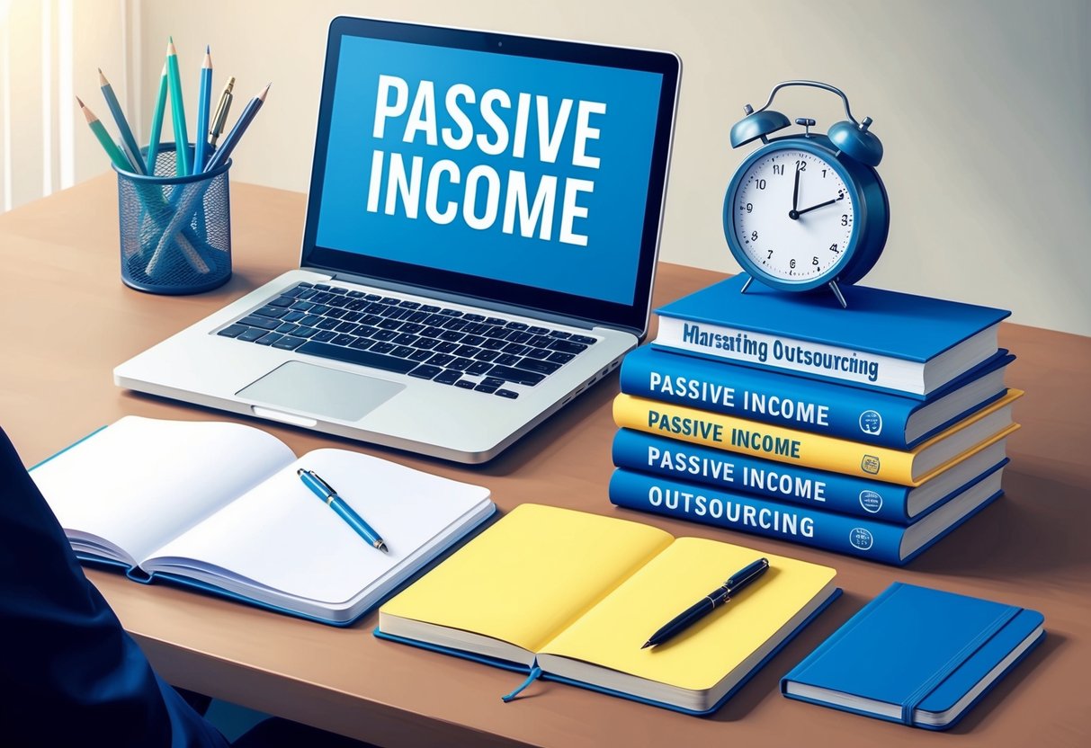 A desk with a laptop, notebook, and pen. A stack of books on passive income and outsourcing. A clock showing time passing