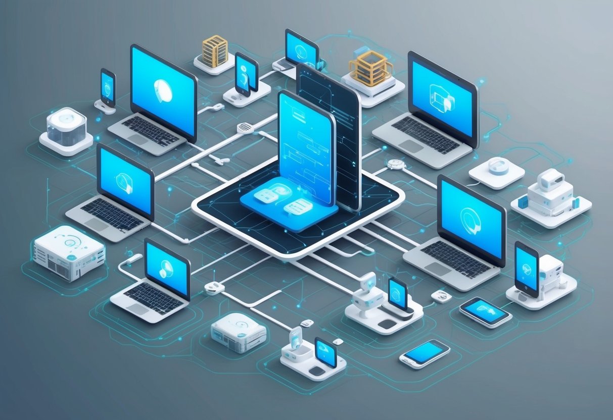 A digital product being distributed across multiple platforms, symbolized by a network of interconnected devices and screens